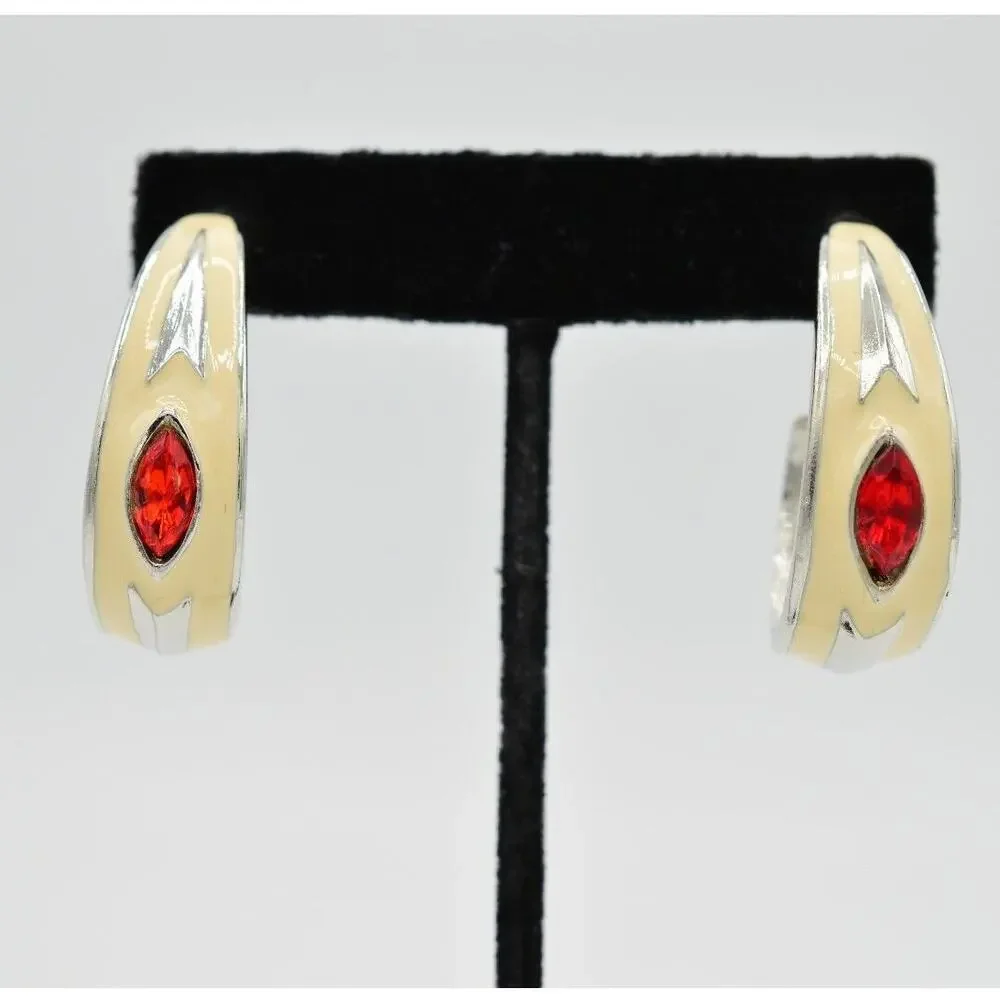 Vintage Red Crystal Earrings Lucite Rhinestone Silver Off White Enamel 1980s 9L
